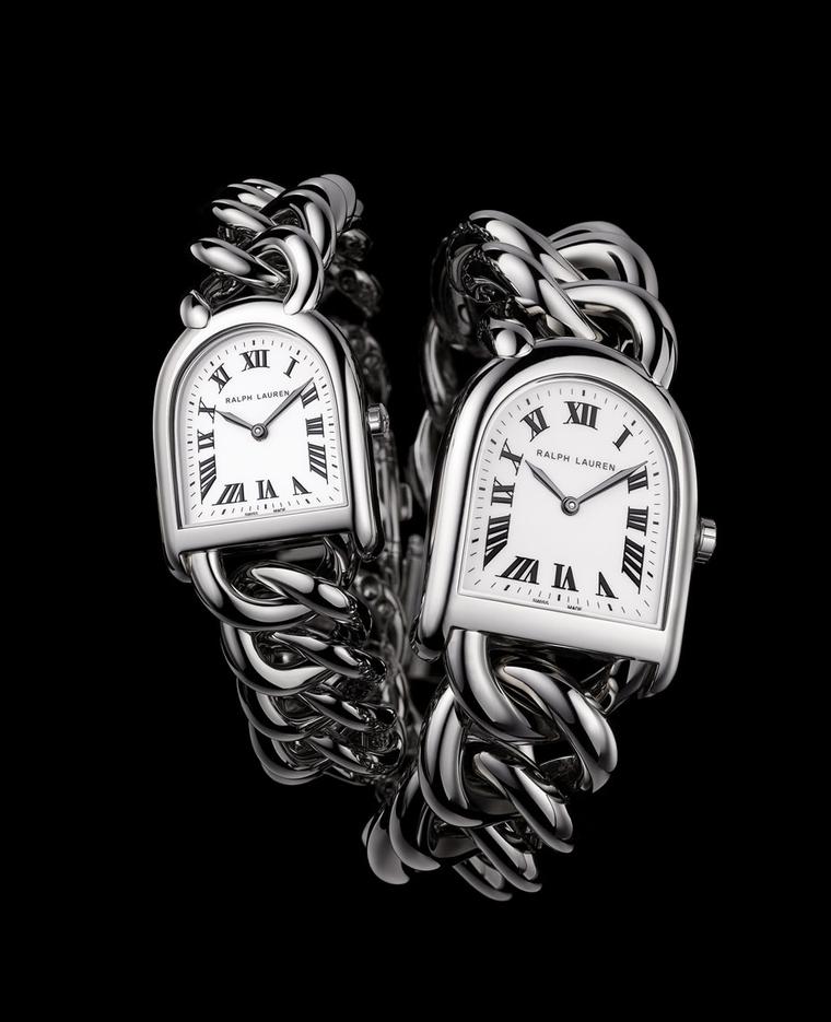 Ralph Lauren's Stirrup Petite-Link watch in steel with an off-white face, pictured alongside the larger Stirrup Small Link model