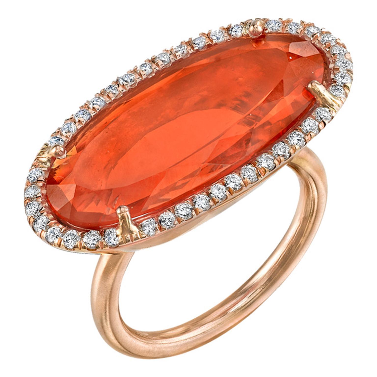 Irene Neuwirth ring in rose gold with a Mexican fire opal surrounded by diamond pave_20131227_Main