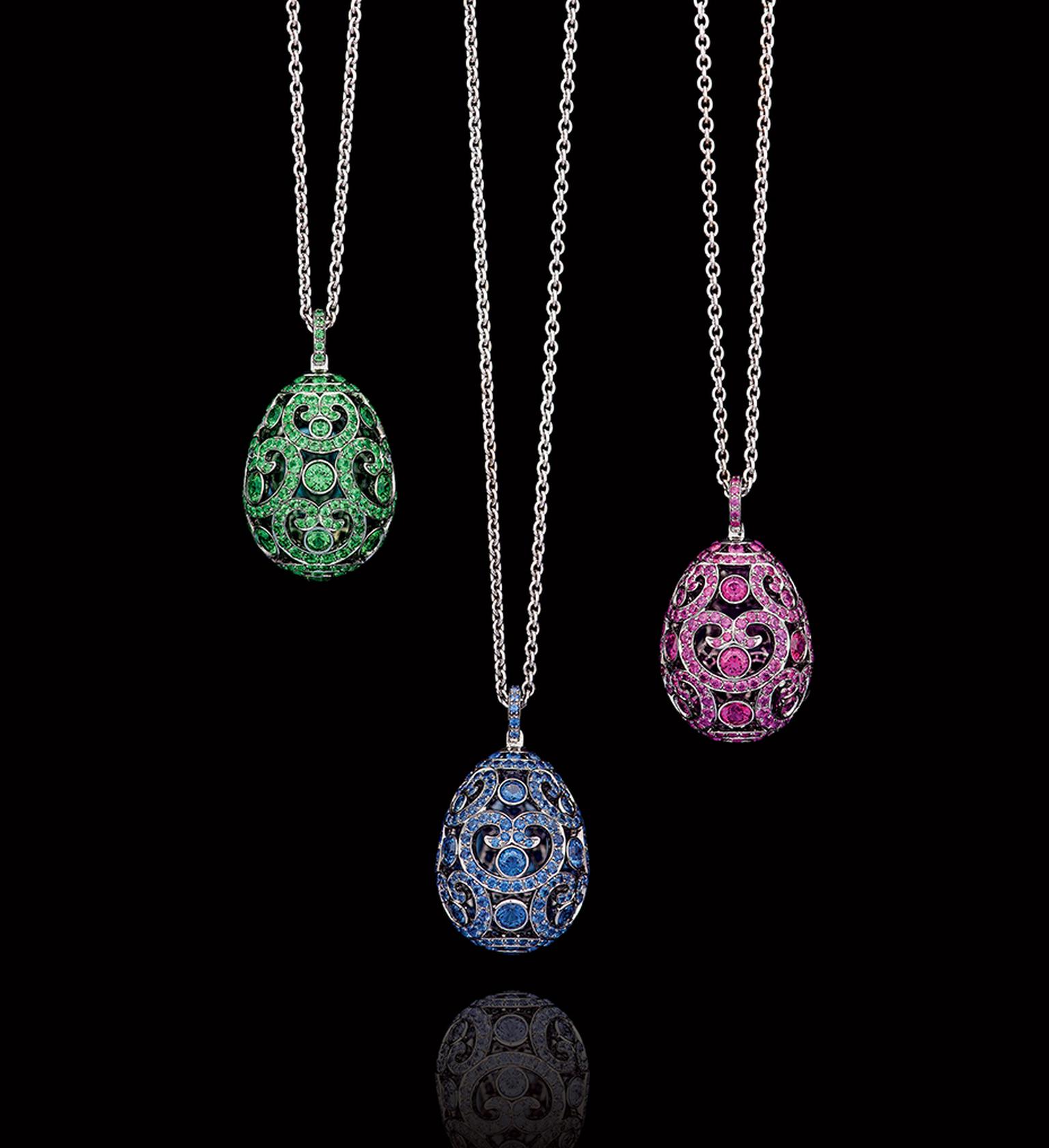 Classic Fabergé: emerald and pink and blue sapphire Egg Pendants