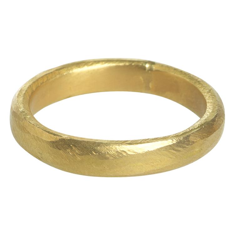 Pippa Small "wobbly" wedding band in 22ct Bolivian Fairtrade yellow gold (£POA).