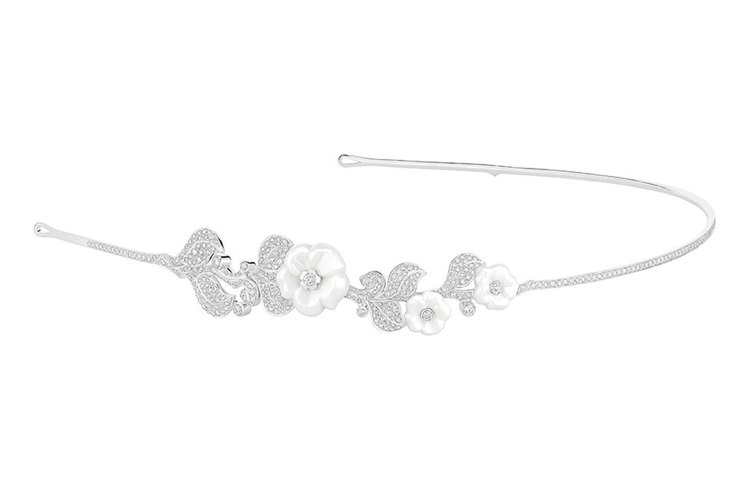 Chanel's new Camélia Galbé headband in white gold, white ceramic and diamonds