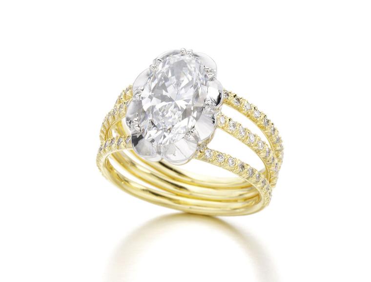 Jessica McCormack yellow gold Oval Diamond Trio ring, set with a 2.24ct oval cut diamond mounted in a Georgian style cut