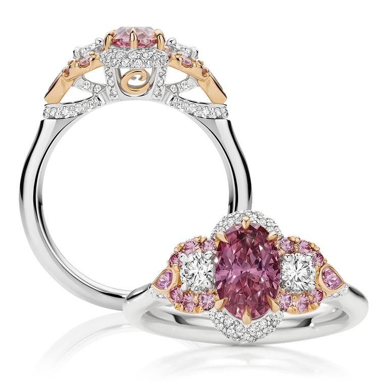 Calleija Antoinette engagement ring, set with a 1.05ct Argyle Pink diamond surrounded by pink and white diamonds.