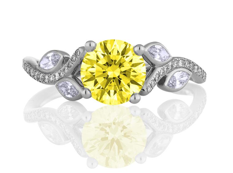 De Beers Adonis Rose Yellow Diamond solitaire engagement ring in platinum set with melée diamonds