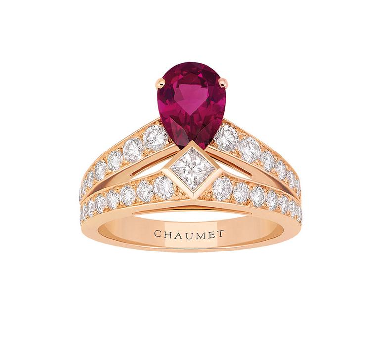 Chaumet Josephine ring in pink gold with diamonds and a pear-shaped rubellite