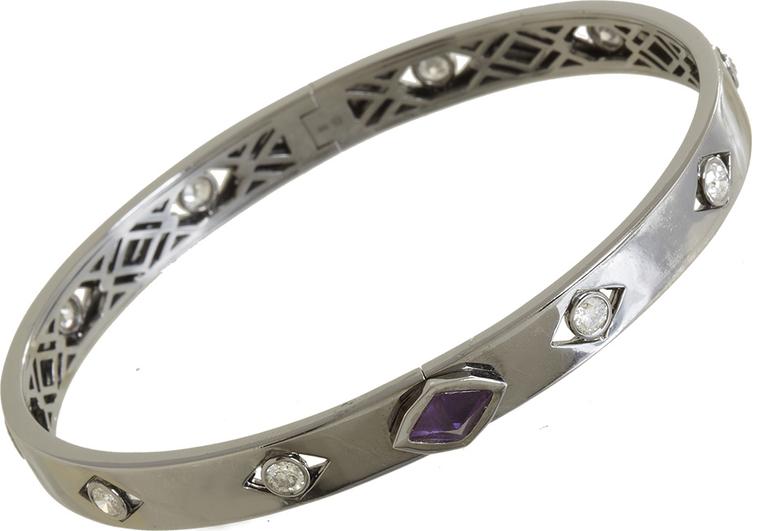 Unisex Deborah Pagani S&M bracelet in 18k white gold with an amethyst pyramid and diamonds, from the Family Jewels collection