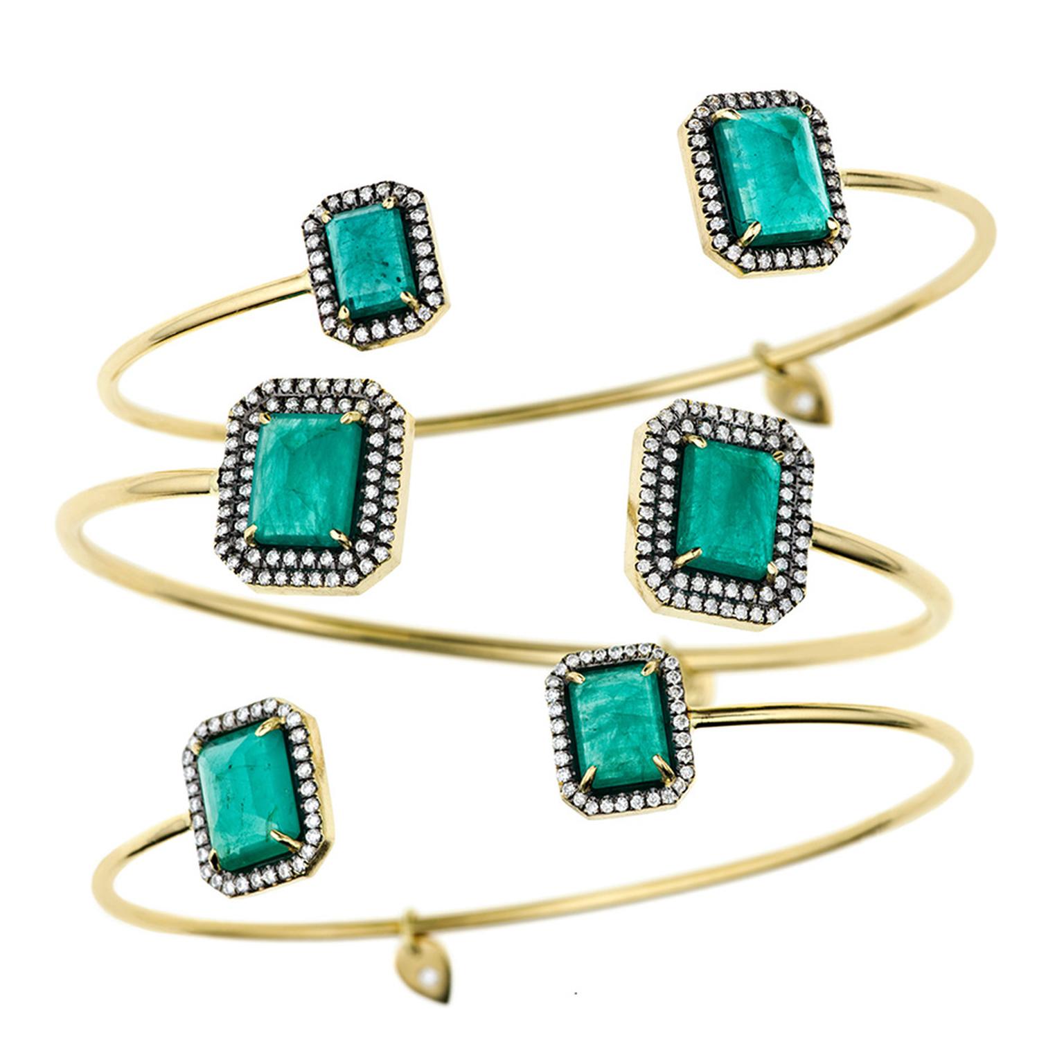 Jemma Wynne for Gemfields yellow gold bangles featuring Gemfields Zambian emeralds and white diamonds