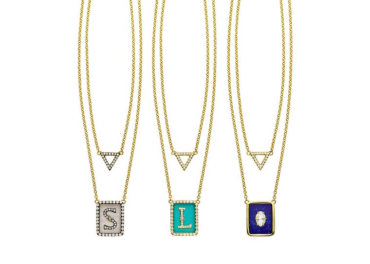 Jemma Wynne Tablet necklaces in yellow gold, featuring striped chalcedony, turquoise and lapis lazuli with white diamonds