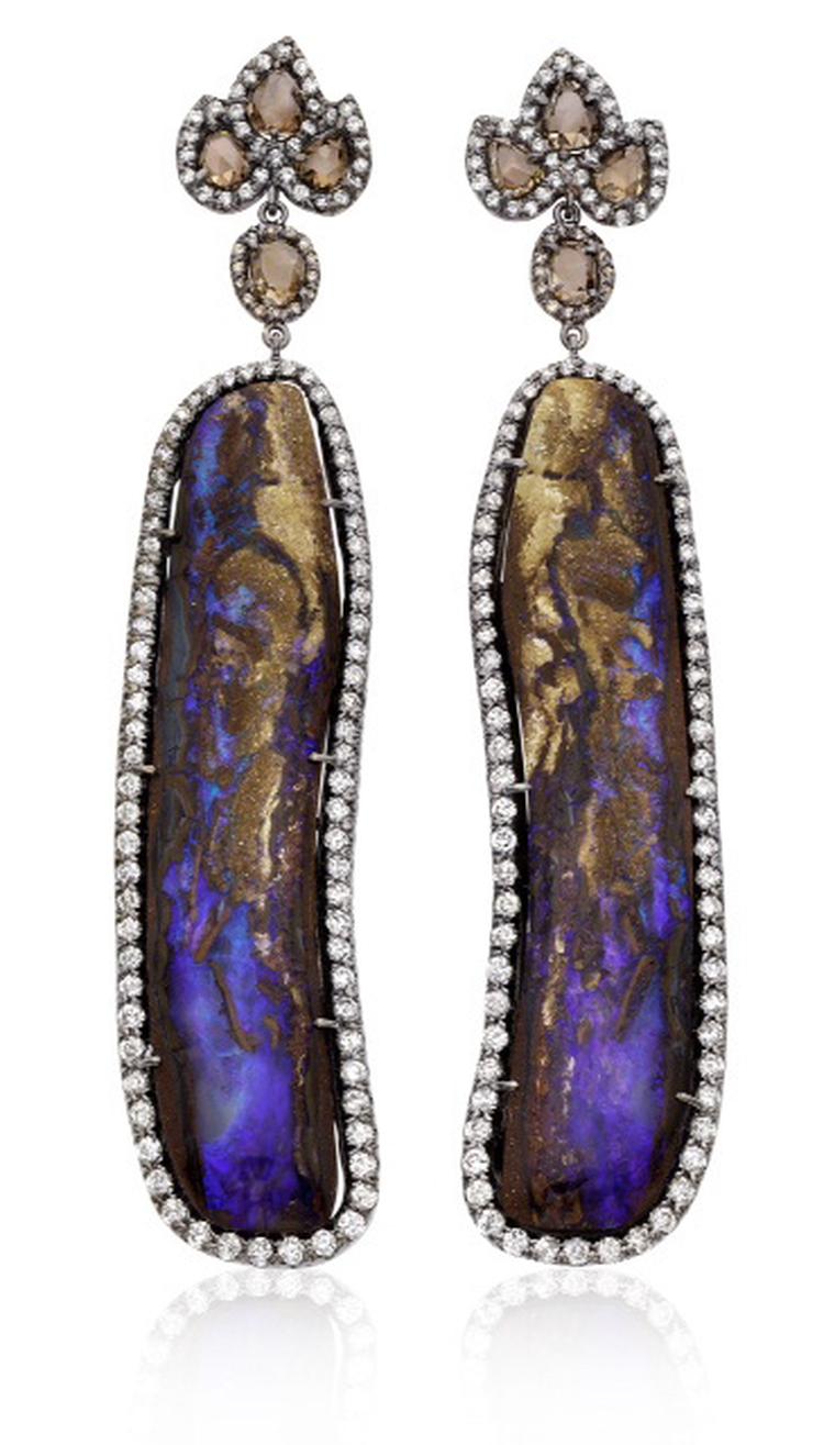 Kimberly McDonald earrings featuring Yowah opal (92.4ct), graduated white diamonds and brown rose-cut diamonds in white gold with a black rhodium finish.