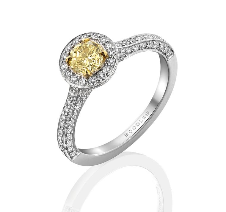 Boodles Vintage Classic yellow diamond engagement ring in platinum, set with a round-brilliant cut yellow diamond (from £8,760)