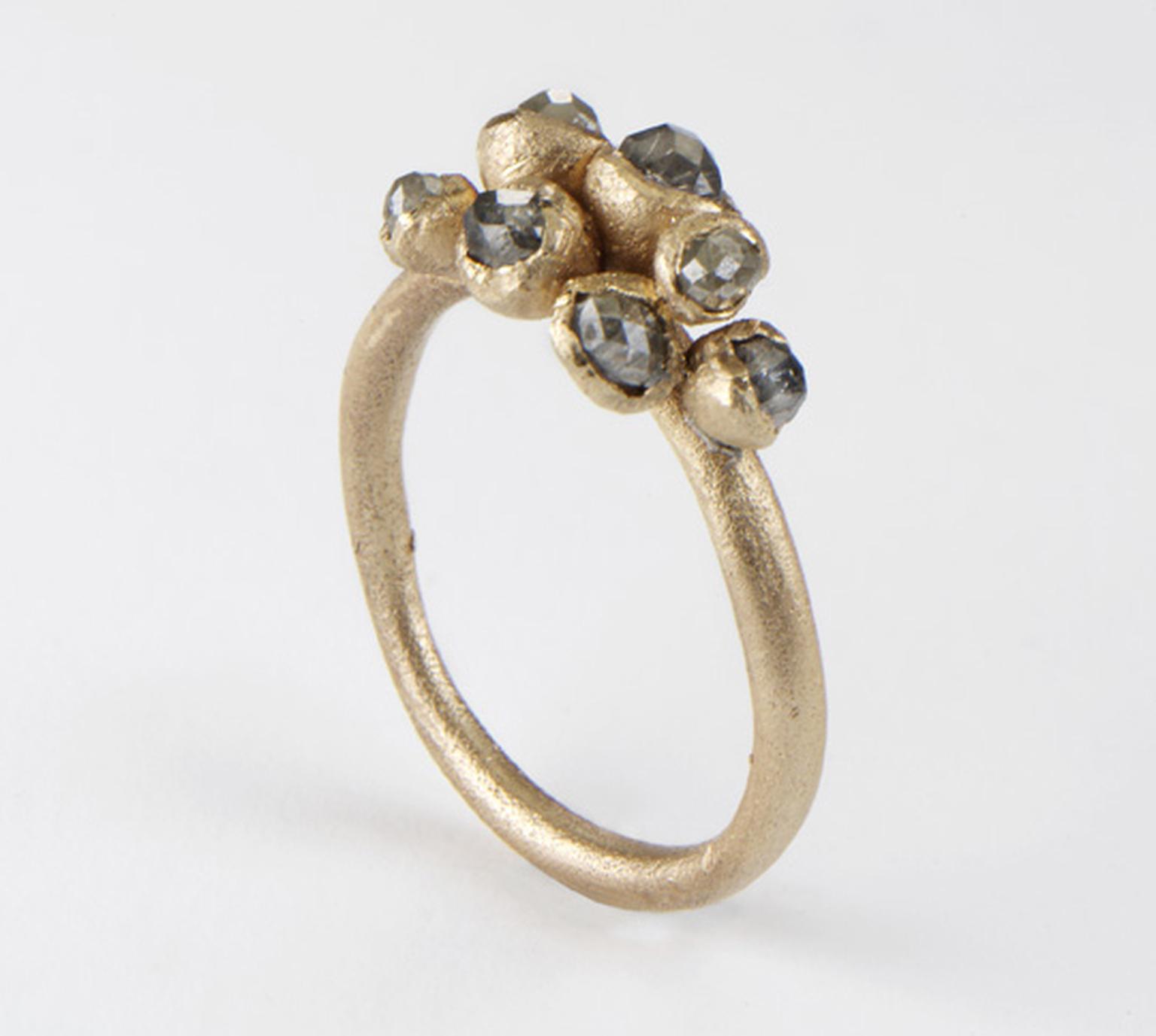 Ruth Tomlinson Grey Cluster Diamond ring in 9ct yellow gold, set with grey natural diamonds (from £1,300)