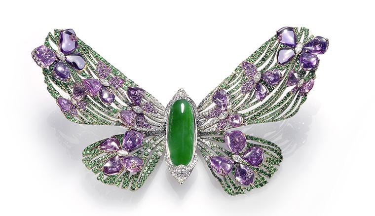 Wallace Chan Painted Lady brooch from the Fluttery Series, created for the Biennale des Antiquaires 2012 featuring jadeite, diamonds, pink sapphires and rubies.