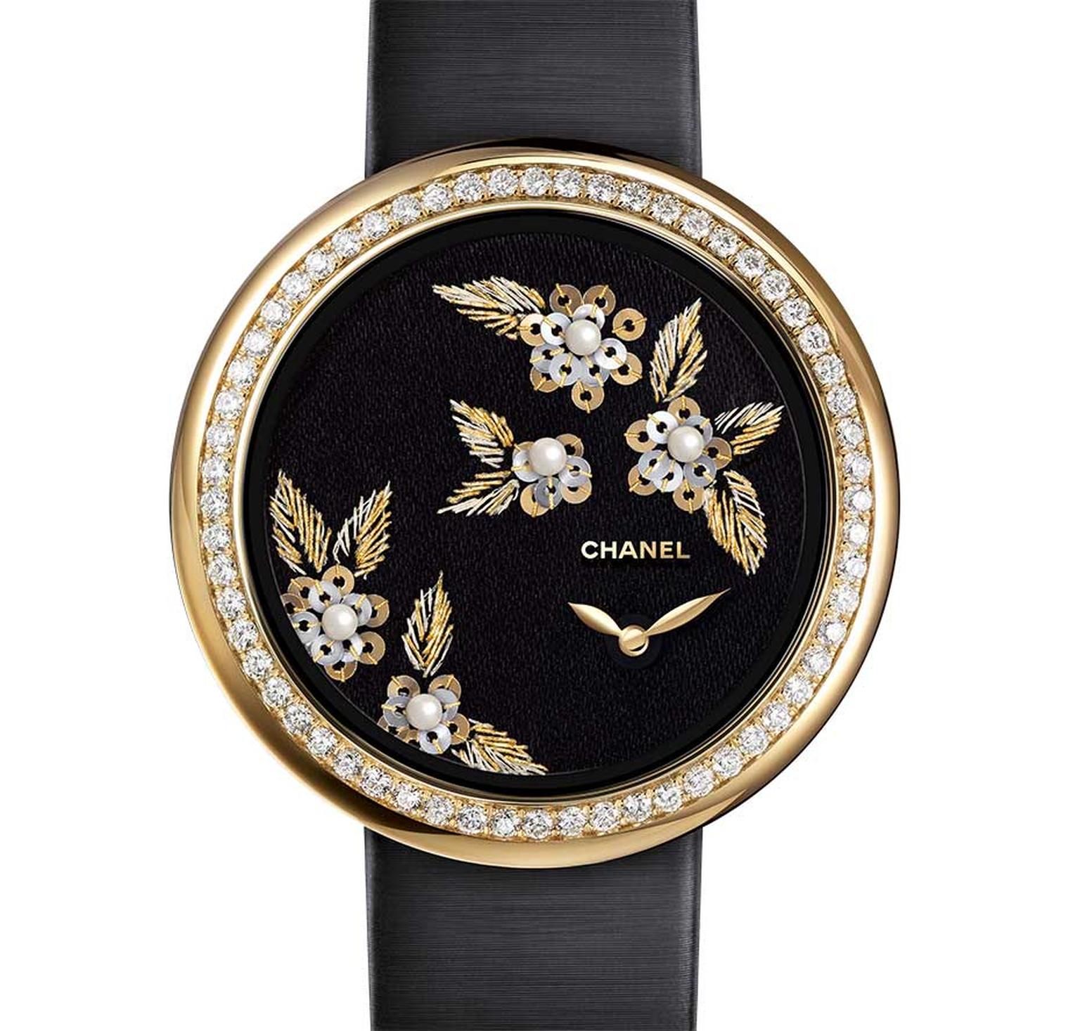 Chanel Mademoiselle Privé Camellia Brodé Lesage watch, hand embroidered with gold and green silk thread, thread, yellow and white hold gold sequins and natural pearls