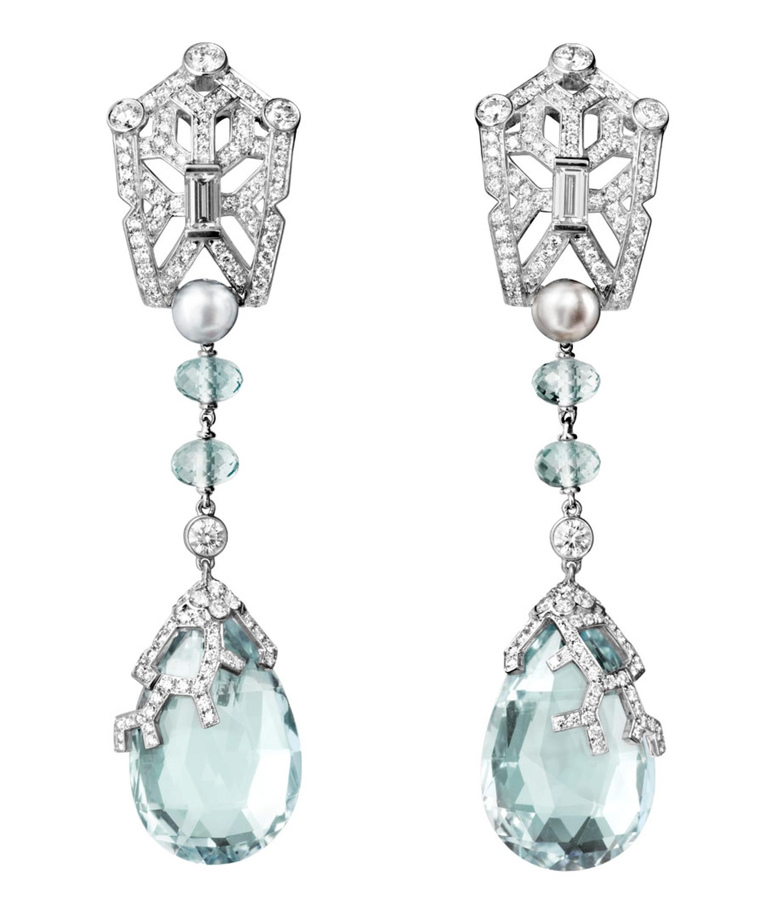 Cartier platinum Boreal Earrings featuring aquamarines, natural pearls and baguette-cut diamonds, brilliants. Image by: Vincent Wulveryck © Cartier 2012