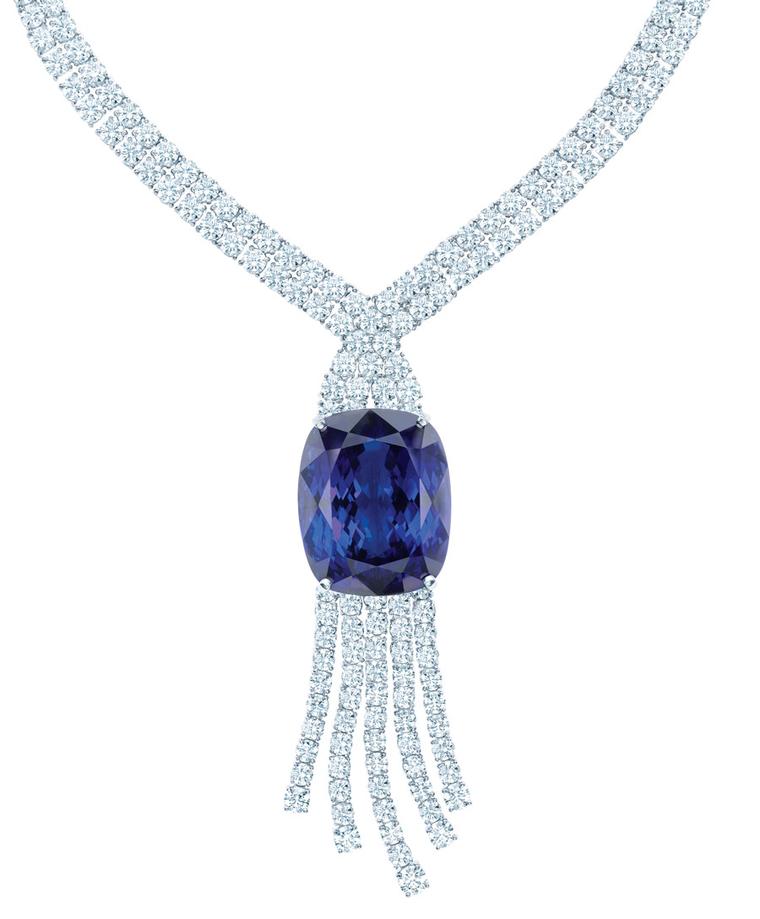 Tiffany Anniversary platinum necklace, set with over 175ct of tanzanites, complemented by a cascade of round brilliant diamonds.