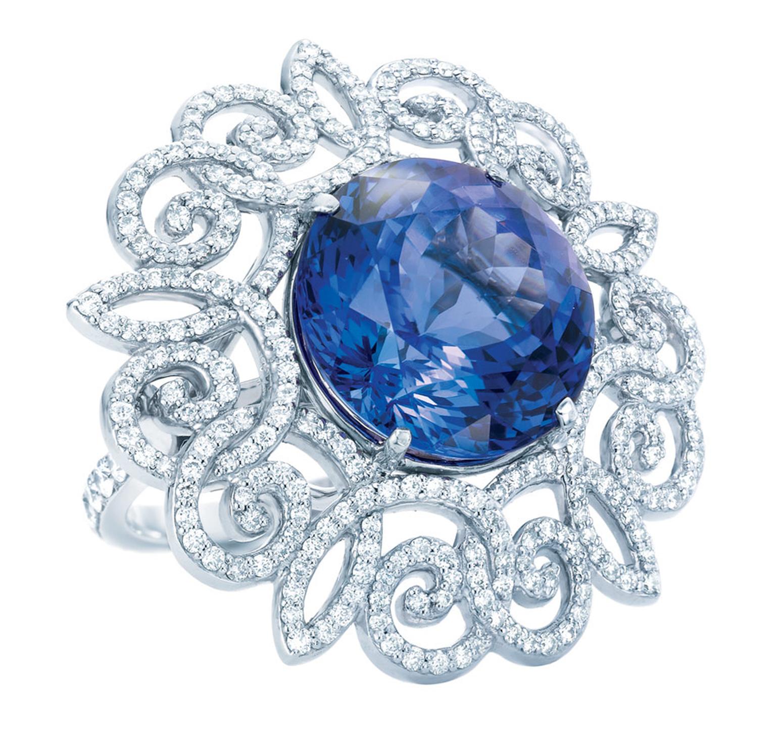 Tiffany Anniversary platinum ring with a 9.99ct tanzanite and diamonds.