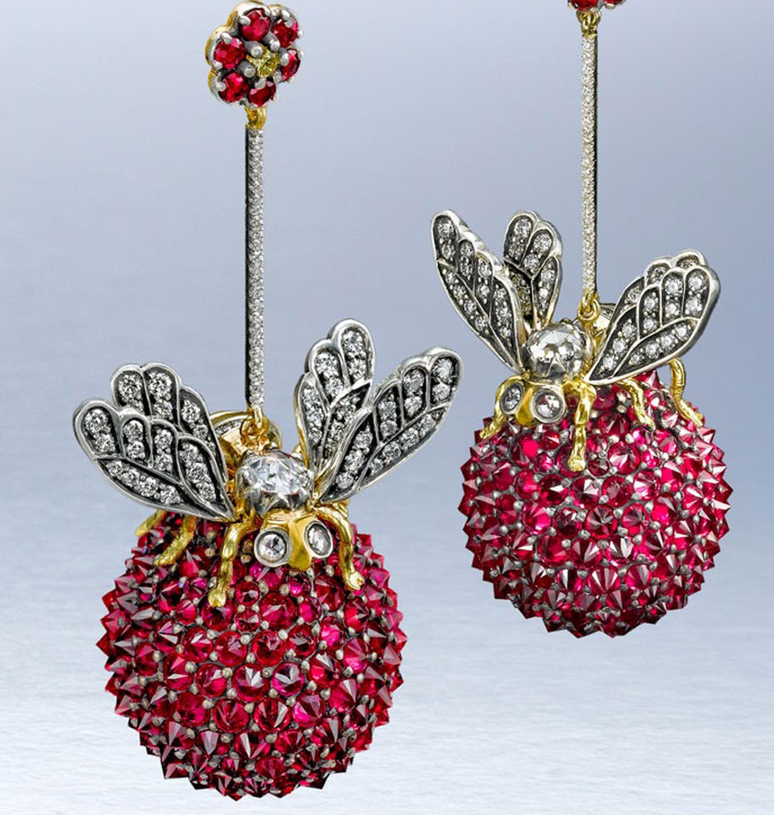 Ark Bees on a ruby ball earrings