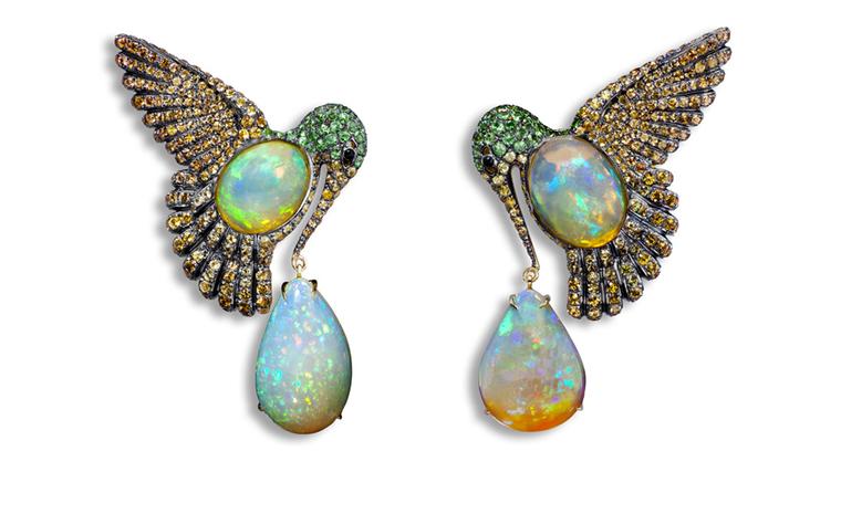 Lydia Courteille. Colibri earrings, orange Mexican opals, orange sapphires, green garnet, blackened gold. POA