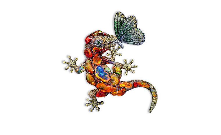 Lydia Courteille. Lizard broche, orange opals, fancy sapphires, gold. POA