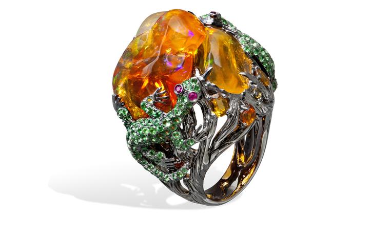 Lydia Courteille. Lizard ring, orange Mexican opals, rubies, green garnets, blackened gold. POA
