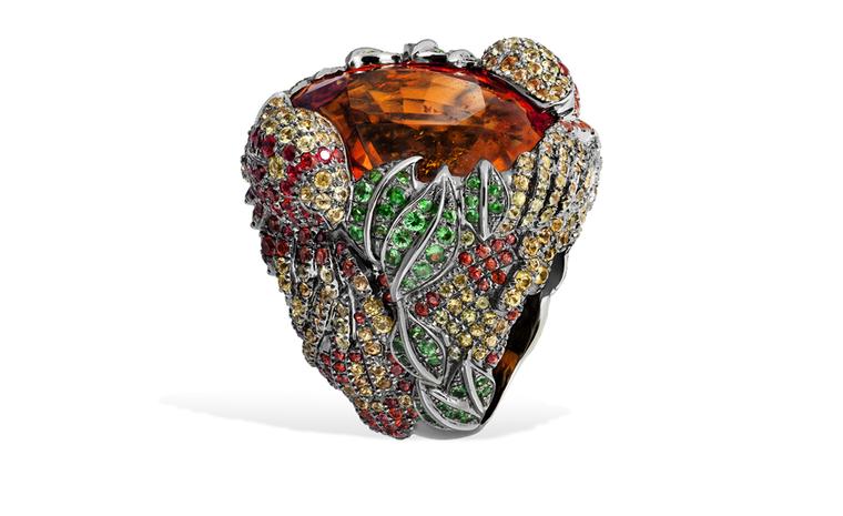 Lydia Courteille. Parrot ring, 60K orange garnet, fancy sapphires, green garnet, blackened gold. POA