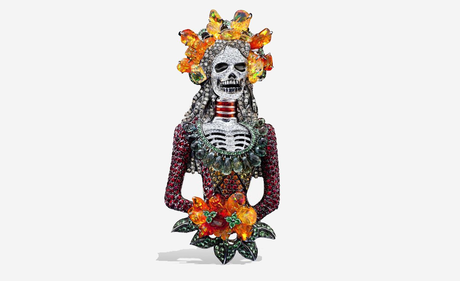 Lydia Courteille. Santa Muerte, pendant in opals, sapphires, white diamonds, rubies. POA