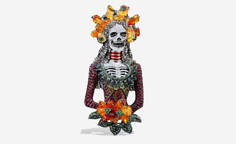 Lydia Courteille. Santa Muerte, pendant in opals, sapphires, white diamonds, rubies. POA