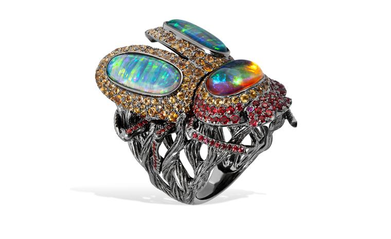 Lydia Courteille. Scarab ring, rubies, orange sapphires and opals, blackened gold. POA