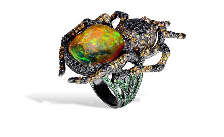 Lydia Courteille. Spider ring, orange Mexican opal, black diamonds, orange sapphires, green garnets, blackened gold. POA