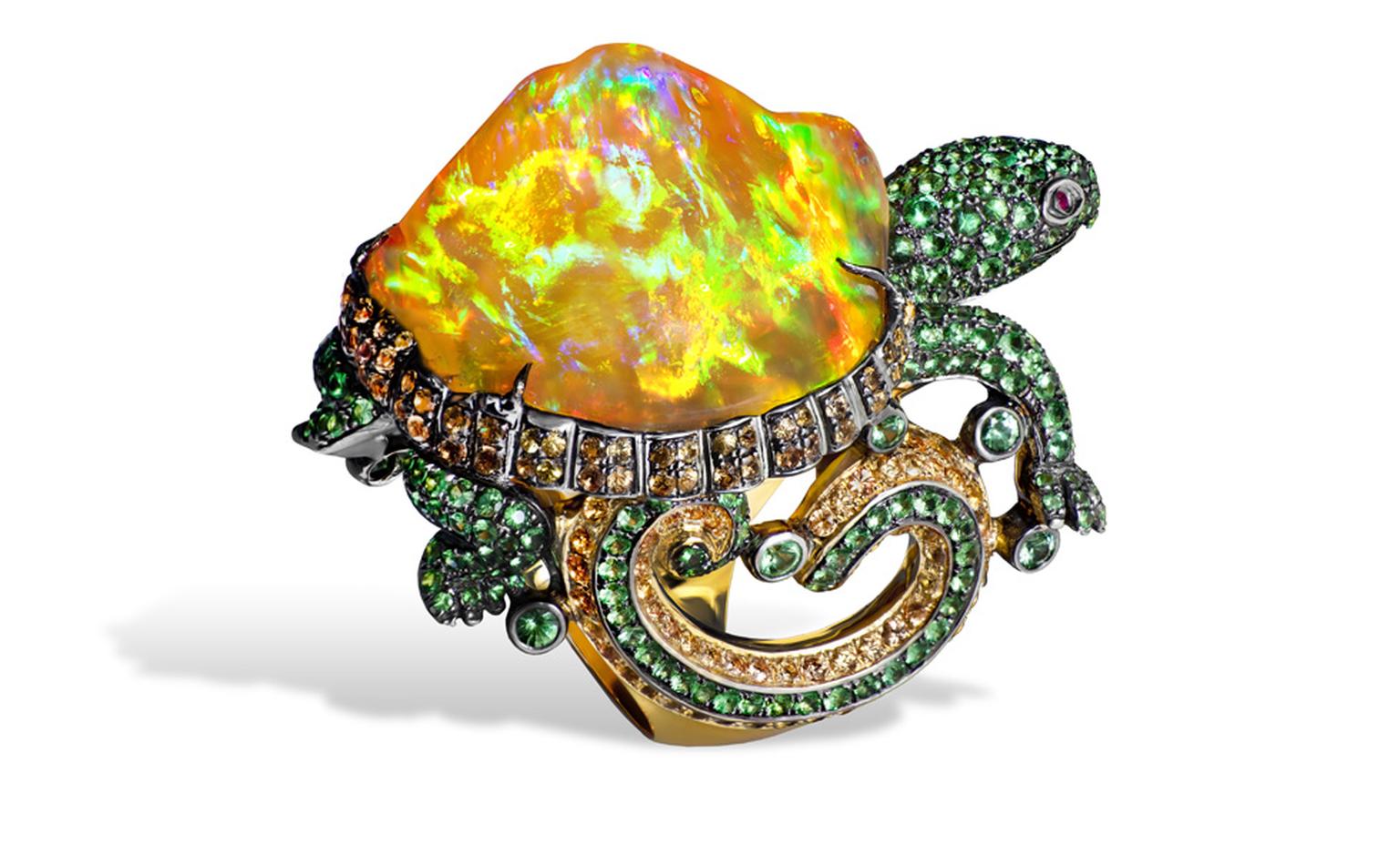 Lydia Courteille. Turtle ring with orange Mexican opal, orange sapphires, green garnets, yellow gold. POA