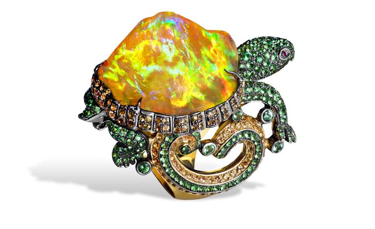 Lydia Courteille. Turtle ring with orange Mexican opal, orange sapphires, green garnets, yellow gold. POA