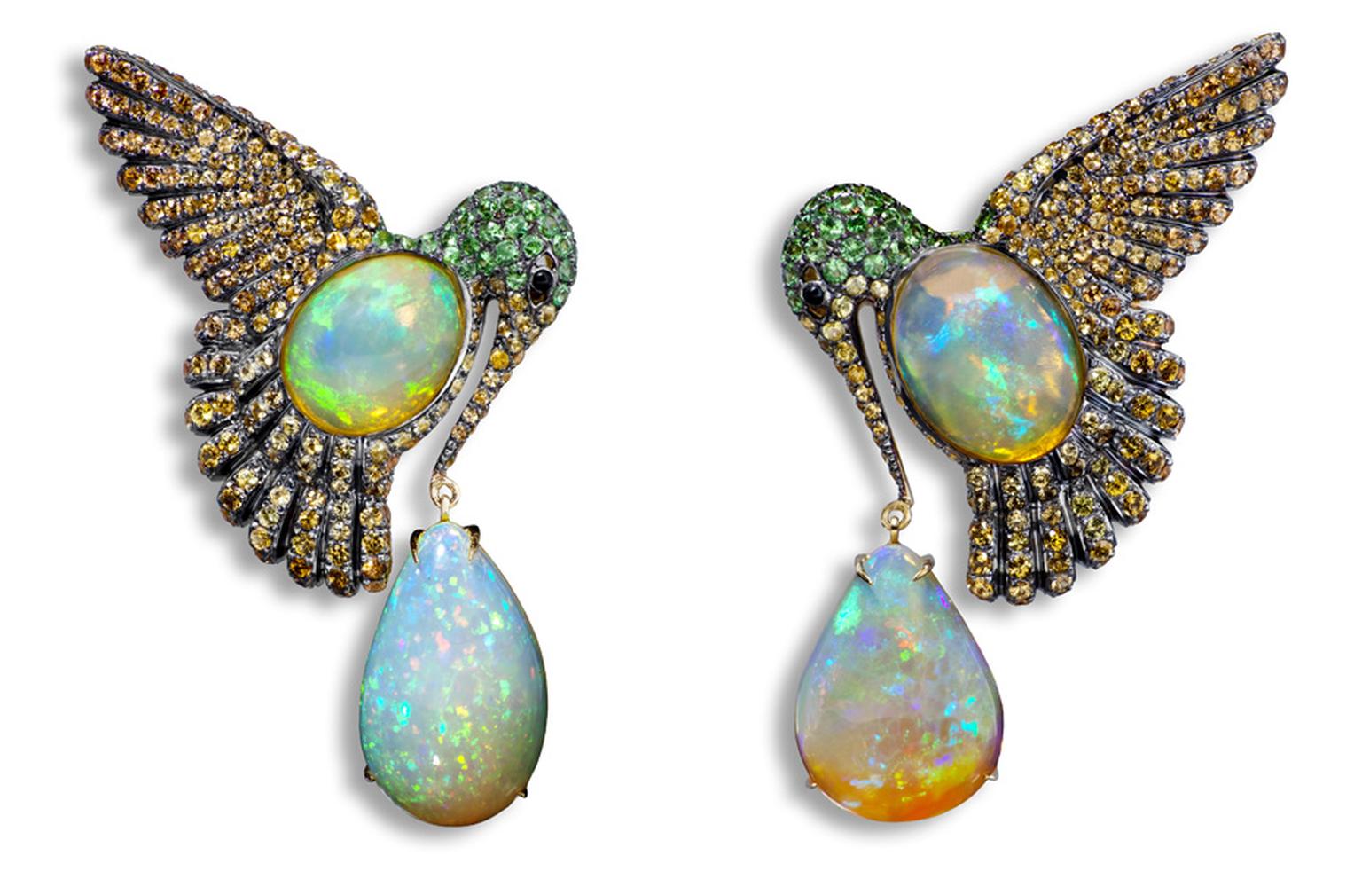 Lydia Courteille. Colibri earrings, orange Mexican opals, orange sapphires, green garnet, blackened gold. MAIN PIC