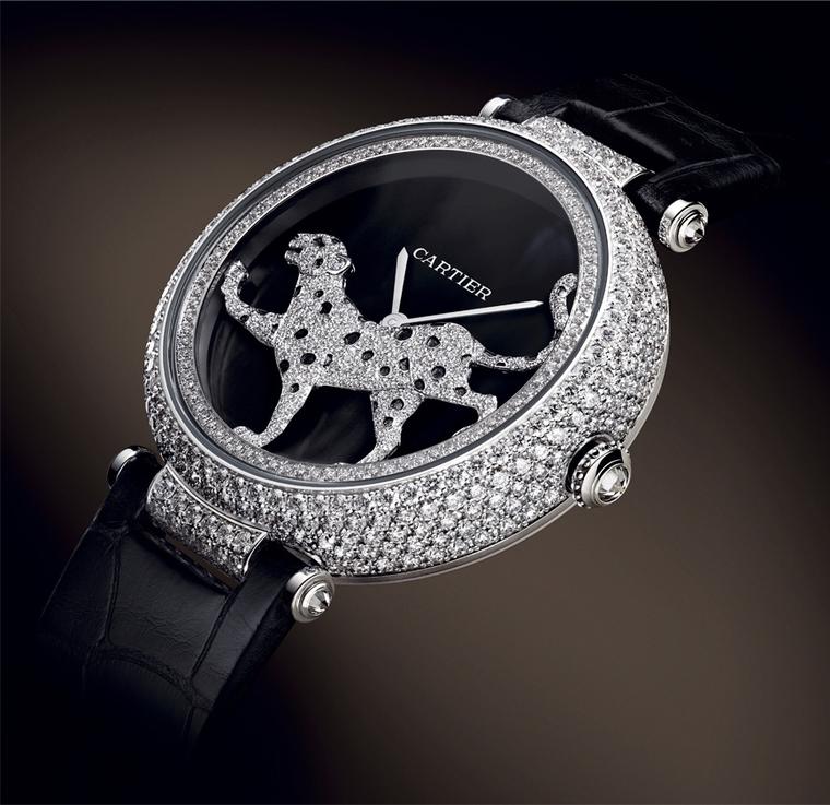 Cartier. Masse Secre`te panther de´cor watch, Calibre 9603. White gold, diamonds, deep purple mother of pearl and sapphire. Black semi-matte alligator skin. POA. 2