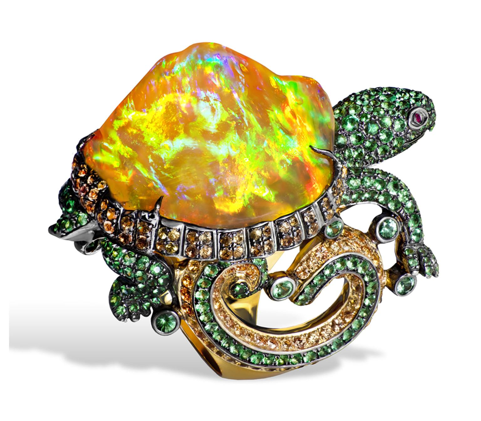 Lydia Courteille. Turtle ring with orange Mexican opal, orange sapphires, green garnets, yellow gold. POA