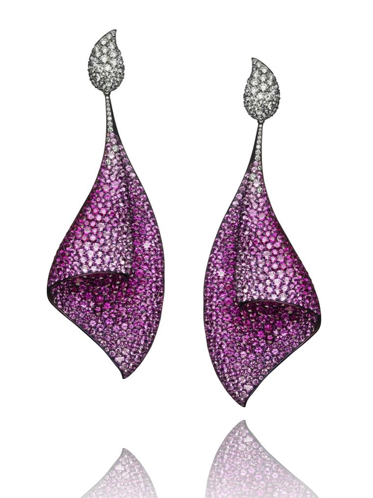 Adler. titanium pink sapphire white diamonds sail earrings.