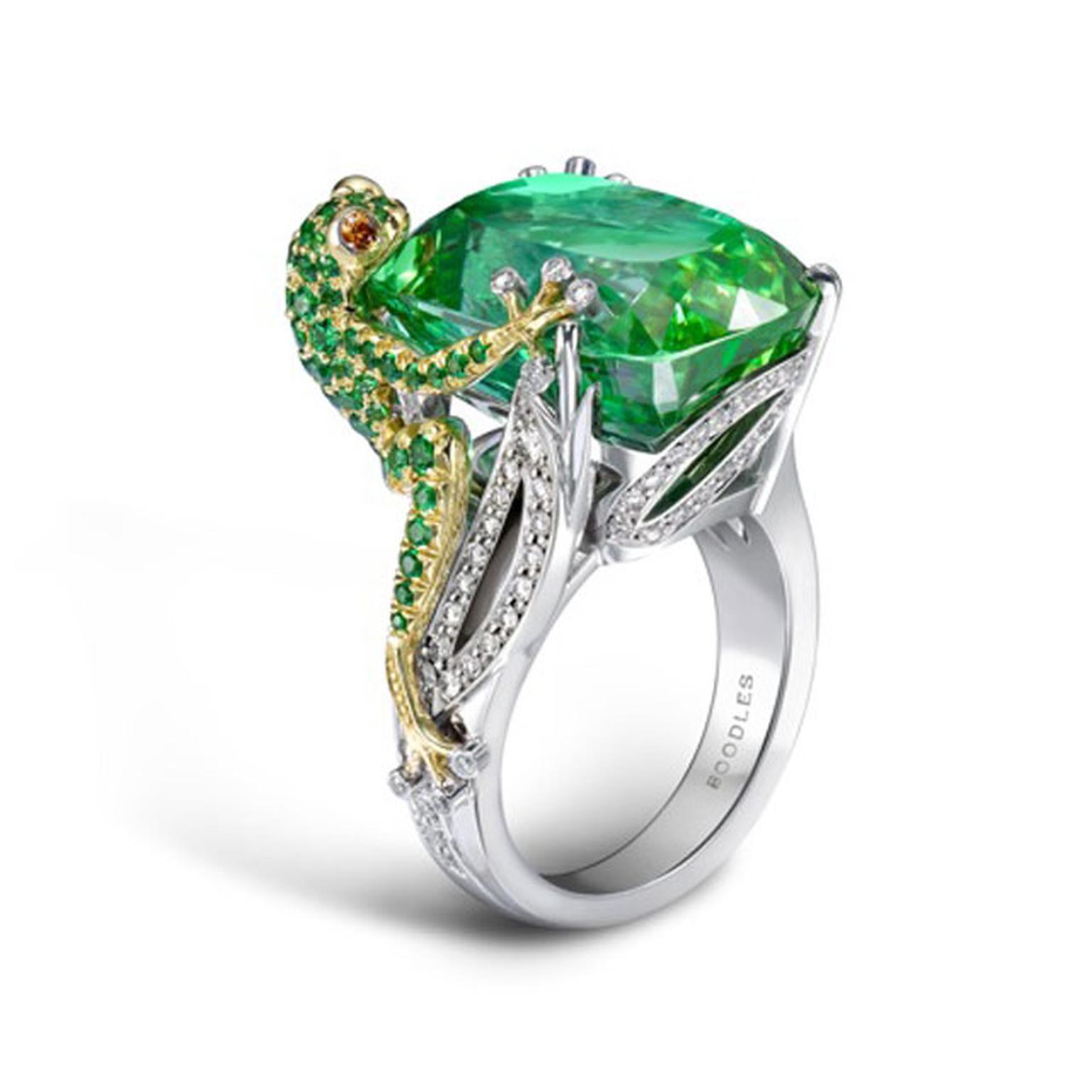 BOODLES,-Green-Frog.-A-green-tourmaline-frog-design-ring-in-platinum-and-18ct-yellow-gold.-The-centre-stone-is-over-20cts.-His-little-body-is-made-up-of-tourmaline-stones. £36,200