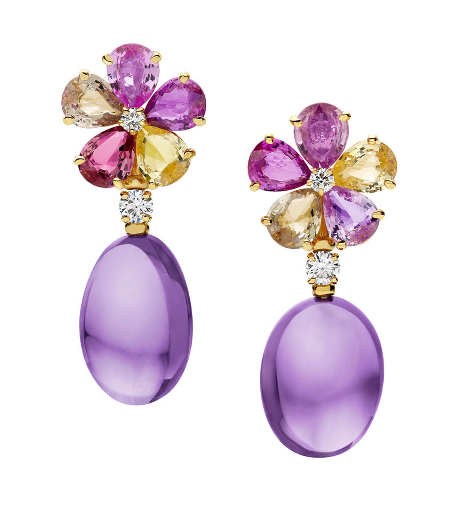Bulgari. Mediterranean Eden yellow gold earrings mounting fancy sapphires, amethysts, diamonds and pave´ diamonds. Price-from £16.700,00