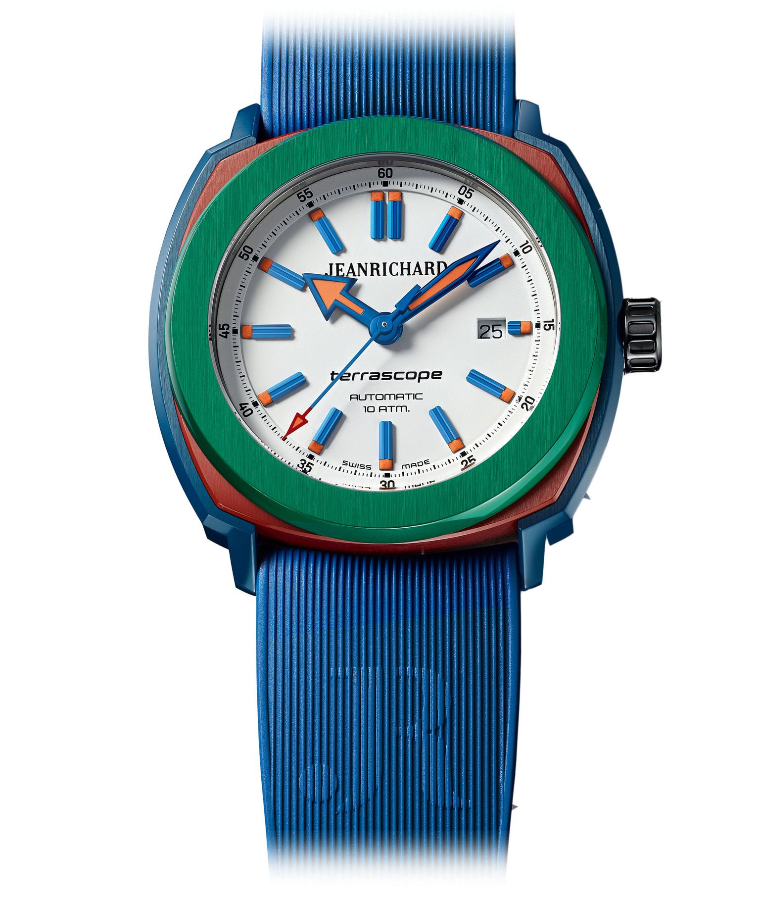 Terrascope watch with a green bezel and blue strap JeanRichard The Jewellery Editor
