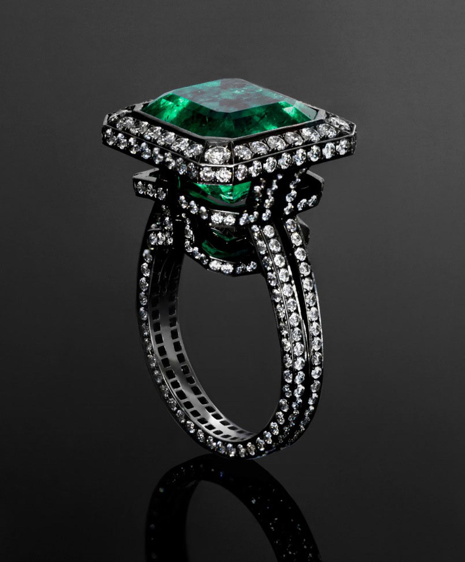 Jack du Rose Emerald Labyrinth ring set with a 9.196ct emerald in blackened white gold (£56,000).