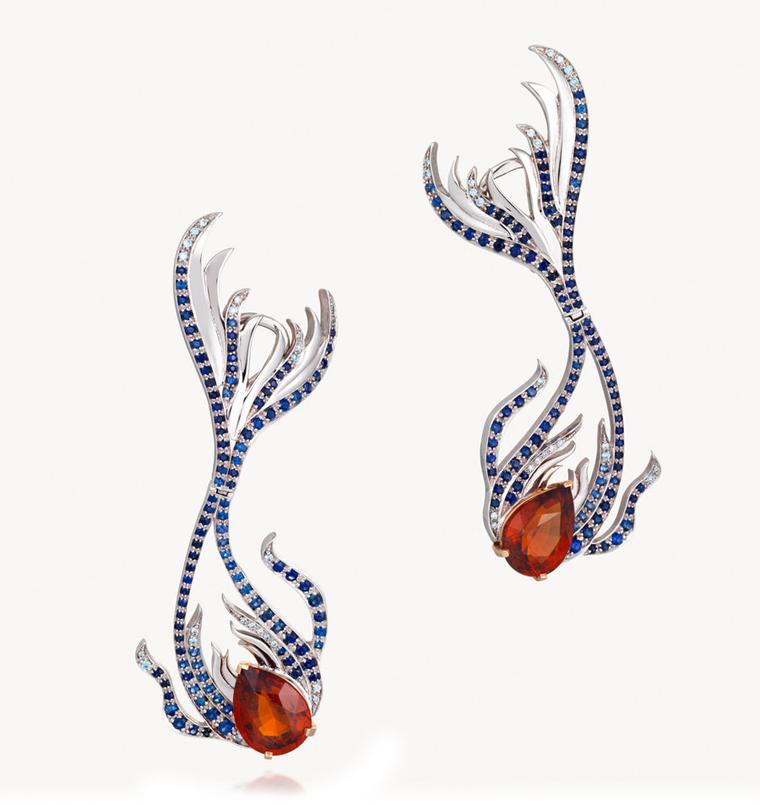 Goldsmiths-Kovanovic-Milena-Sirena-Earrings-18ct-white-and-rose-gold-with-ceyson-blue-sapphires-blue--diamonds-a-spessartine-garnets