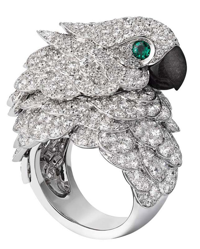 Cartier Fabuleux parrot watch and ring; watch and ring in rhodium-plated white gold set with brilliant-cut diamonds, beak in mother of pearl, eyes set with emeralds.
