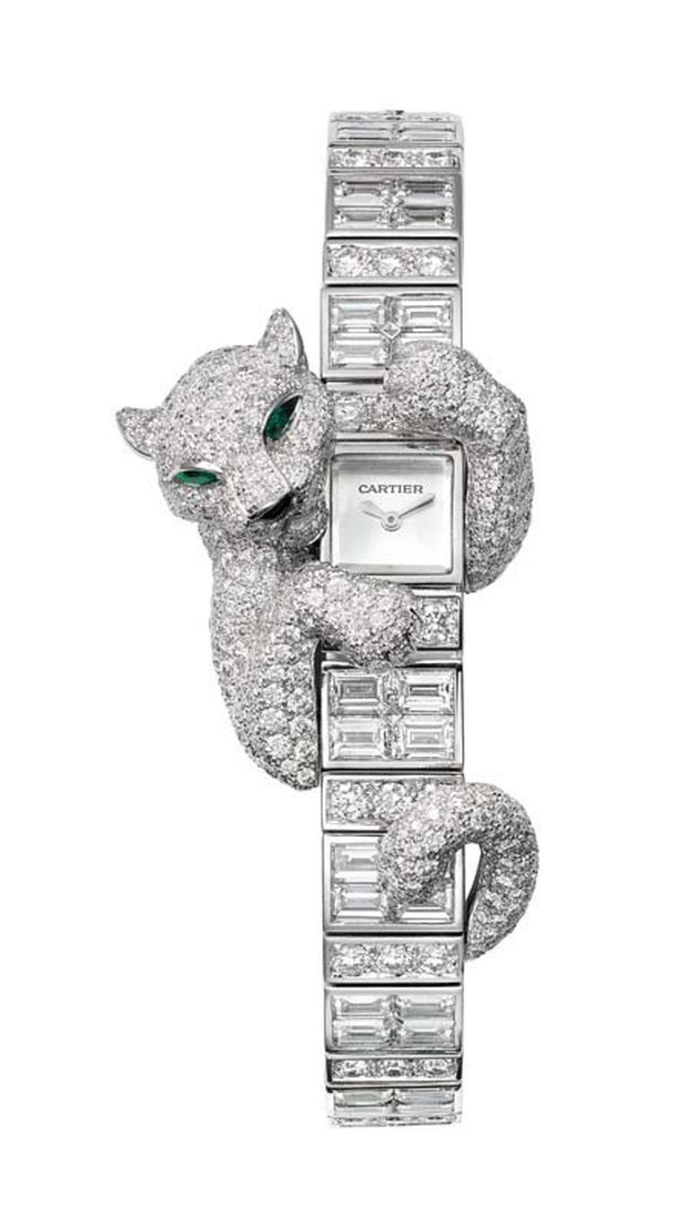 Cartier Fabuleux Baguette Panthère watch; case and bracelet in white gold set with brilliant-cut and baguette-cut diamonds.