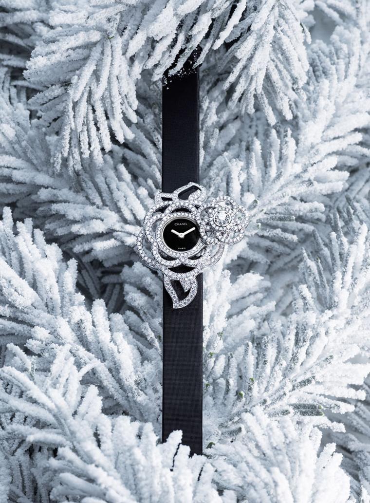 Chanel Came´lia Brode´ secret wtch in white gold and diamonds with black satin strap. Open 2