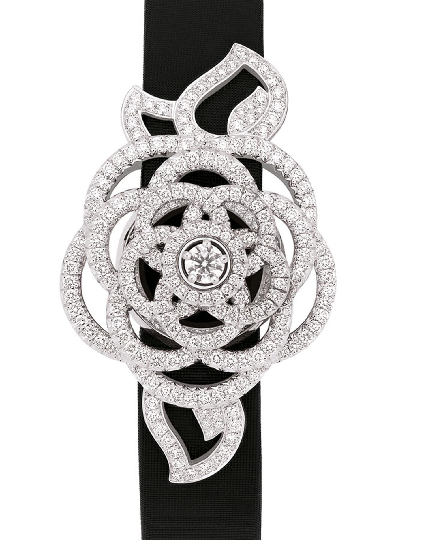 Chanel Came´lia Brode´ secret wtch in white gold and diamonds with black satin strap. Closed