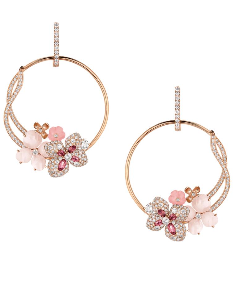 Chaumet Hortensia hoop earrings in pink gold set with angel-skin coral, pink opal, pink tourmalines and diamonds.
