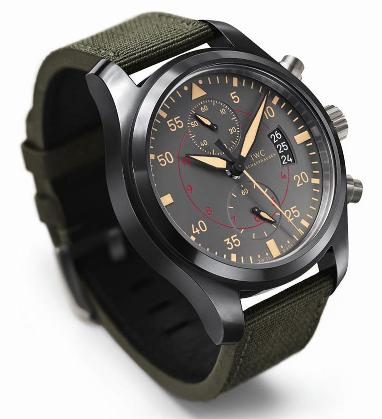 IWC-Pilots-Watch-Chronograph-TOP-GUN-Miramar-Chronograph-comes-in-a-ceramic-case-with-grey_beige-and-red-detail-dial,-the-bracelet-is-made-of-calf-leather-Price-from-9750-