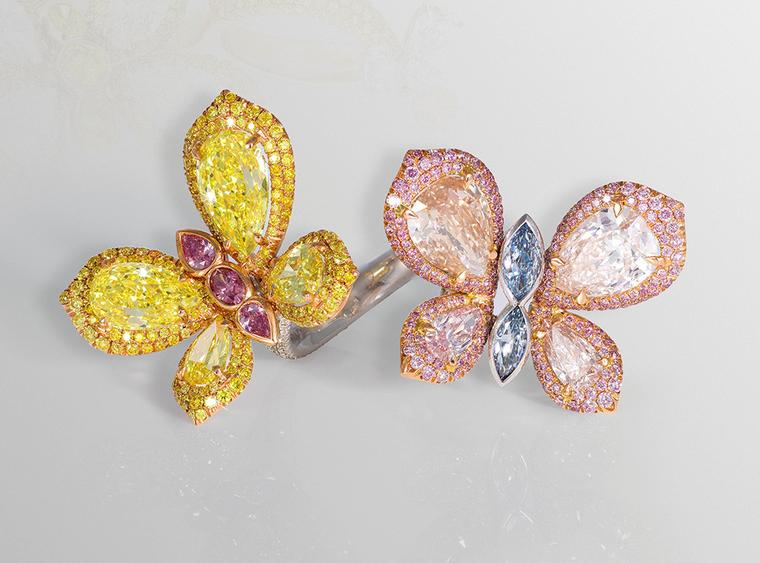 David Morris Butterfly ring, set with white, blue, pink and yellow diamonds, from the Butterfly and Palm Collection