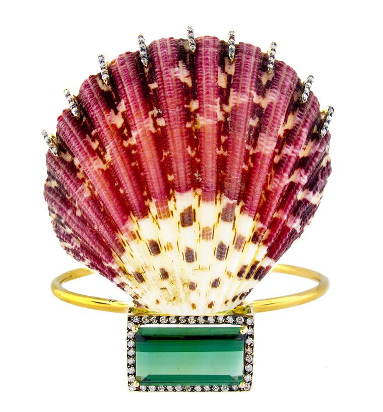 Silvia Furmanovich shell bracelet in gold, set with diamonds and a green tourmaline (£11,592).