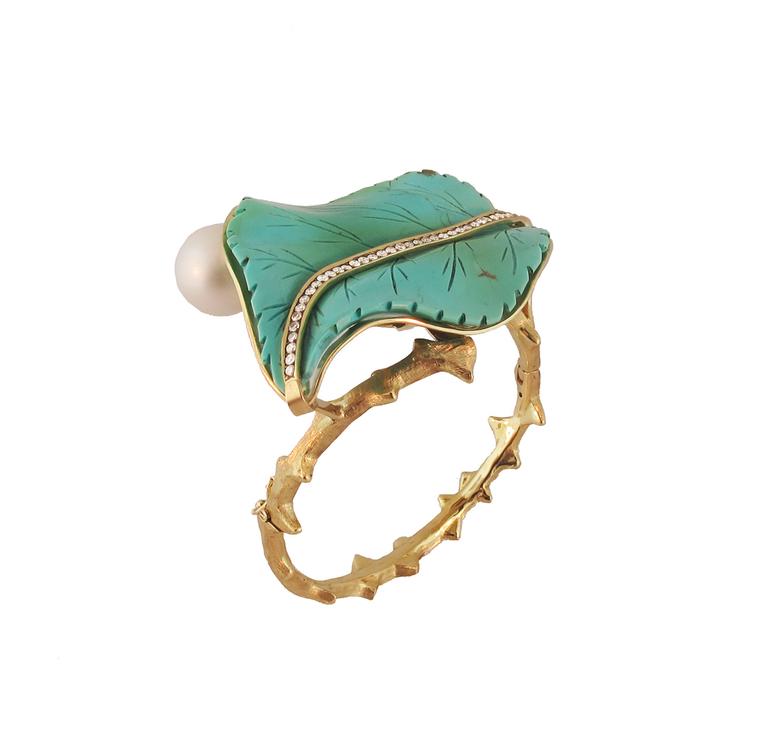 Silvia Furmanovich turquoise leaf cuff in gold, with diamonds and a pearl.