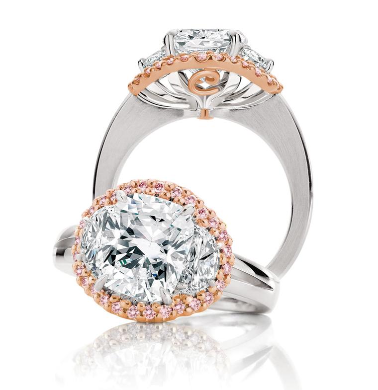 Calleija. 3.02ct rectangular cushion cut white diamond platinum ring featuring 2 half moon diamonds with Pink Diamond surround set in 18ct rose gold. POA